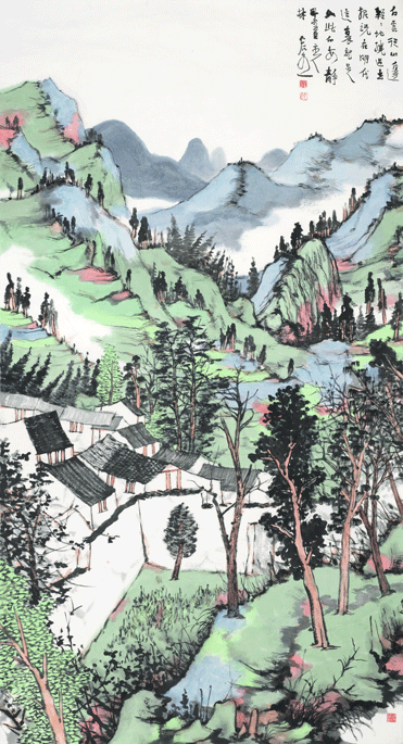 15174-白云从山边轻轻地绕过去---纸本水墨设色--136x68cm-2015.gif